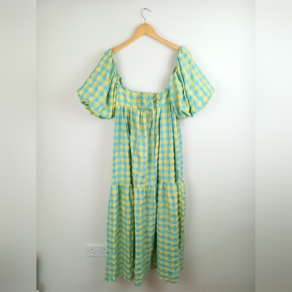 Zara Long Check Print Dress Panelled Puff Sleeve Green Yellow Blue - Medium - Picture 10 of 11